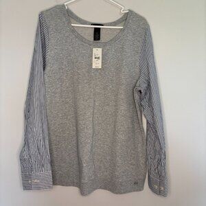 LANE BRYANT NEW Sweatshirt 14/16 Navy White Gray Stretch Shirt Arms Striped
